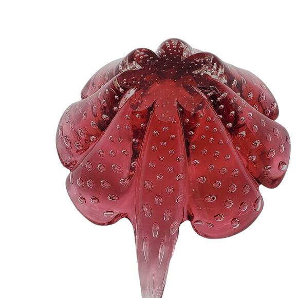 Small Murano Cranberry Art Glass Bowl Controlled Bubble Handle Dish Vintage Red - Picture 12 of 15